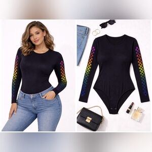 Nwt Rue21 Bodysuit w/ Rainbow Racing Gradient Checkered Sleeves Strip Black